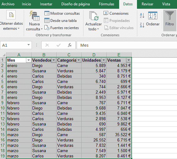 Uso de filtros en Excel