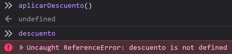 Ejemplo JS de que no podemos acceder a la variable desde fuera de la función
