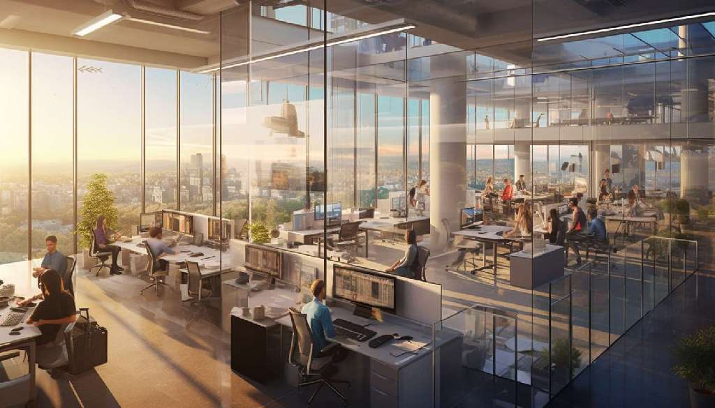 Oficinas muy modernas con mucha luz y grandes ventanas transparentes con personas trabajando en sus puestos