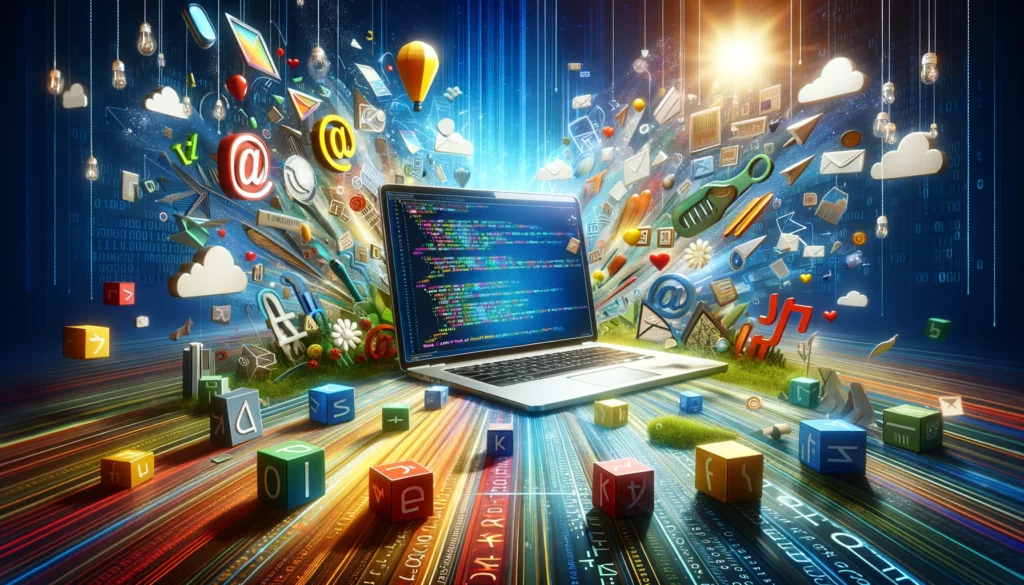 Una imagen vibrante mostrando un portátil abierto con código HTML en pantalla, rodeado de elementos de diseño web como etiquetas coloridas, representando la entrada al desarrollo web sobre un fondo digital.