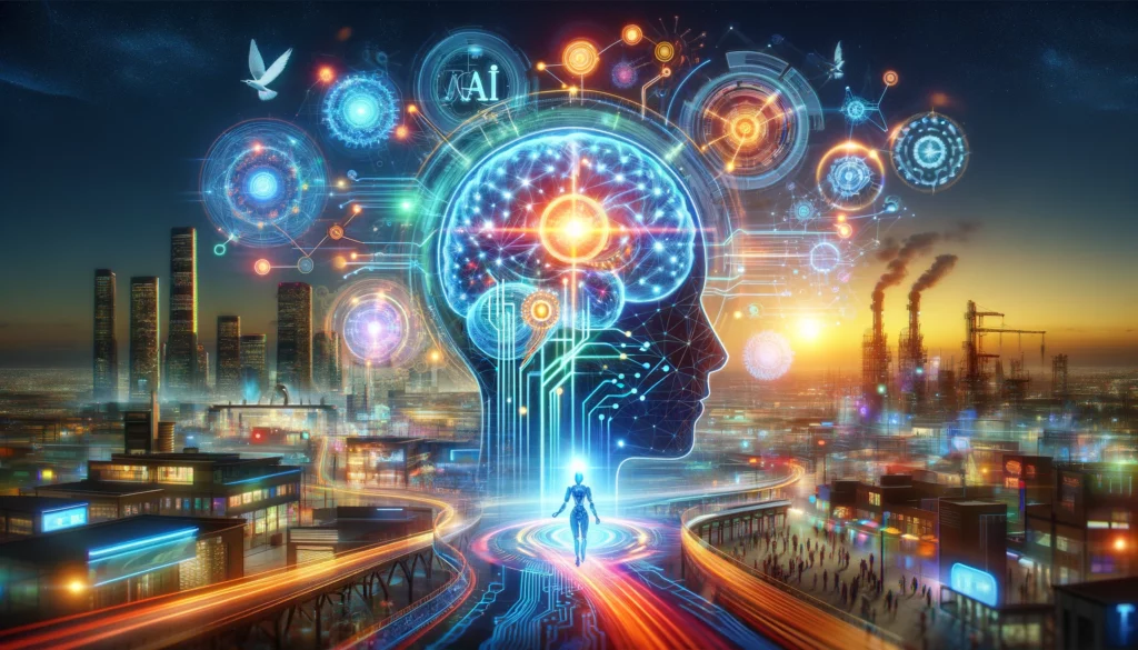 Representación futurista de la integración de la inteligencia artificial en la sociedad y la industria, mostrando conceptos de redes neuronales y aplicaciones de IA en un diseño moderno y tecnológico.